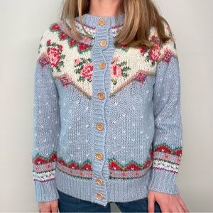 Sundance Floral Knit Cardigan Irish cottage rose Fair Isle Buttons